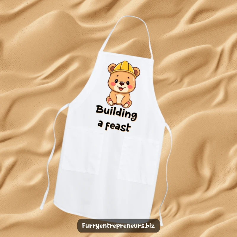 Funny bear cub wearing a construction helmet and an apron, smiling happily, ready to help with any task.