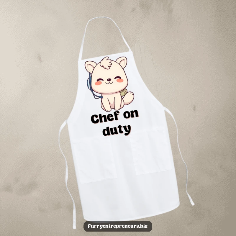 Funny animal call center apron, a playful creature with a headset grins while taking a call, perfect for humorous and functional kitchen wear.
