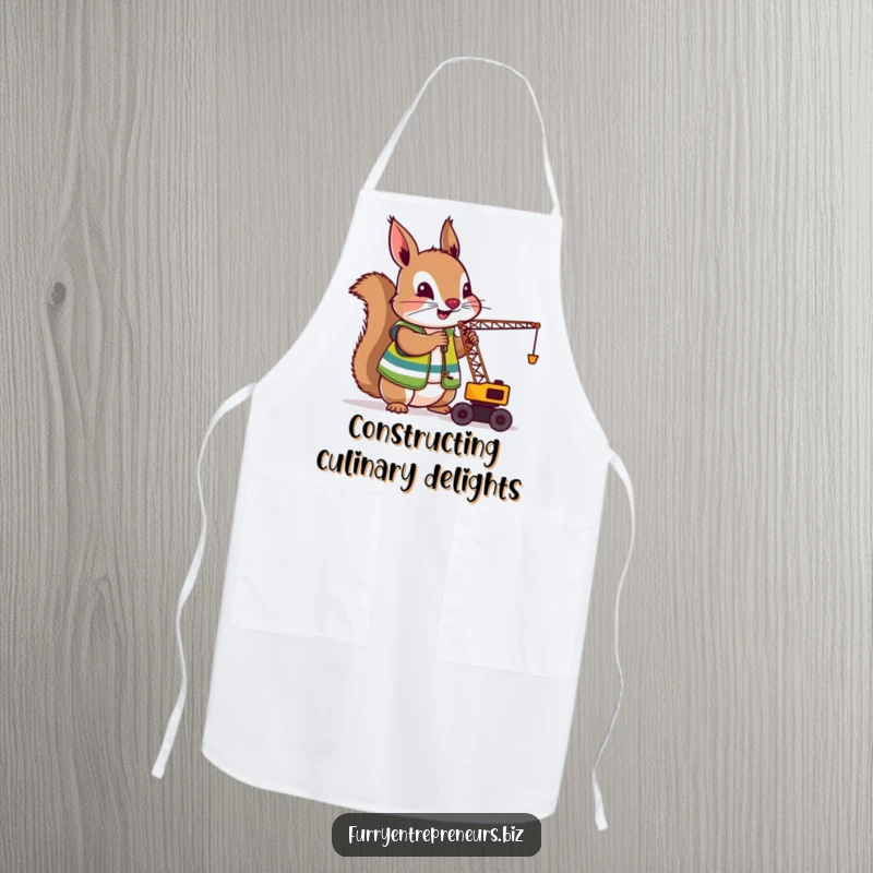 Funny Squirrel Crane Operator Apron: A squirrel in a construction vest operating a tiny crane, ready to help you build delicious meals with a funny, industrious attitude.