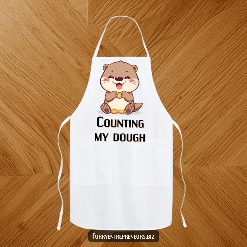 Funny otter counting coins, wearing a delightful expression, a humorous apron for kitchen fun and funny gift ideas.