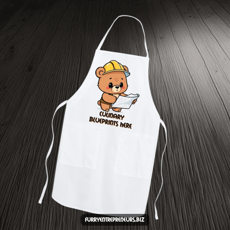 Funny bear chef wearing a hard hat, inspecting a cooking blueprint, a humorous and functional apron.