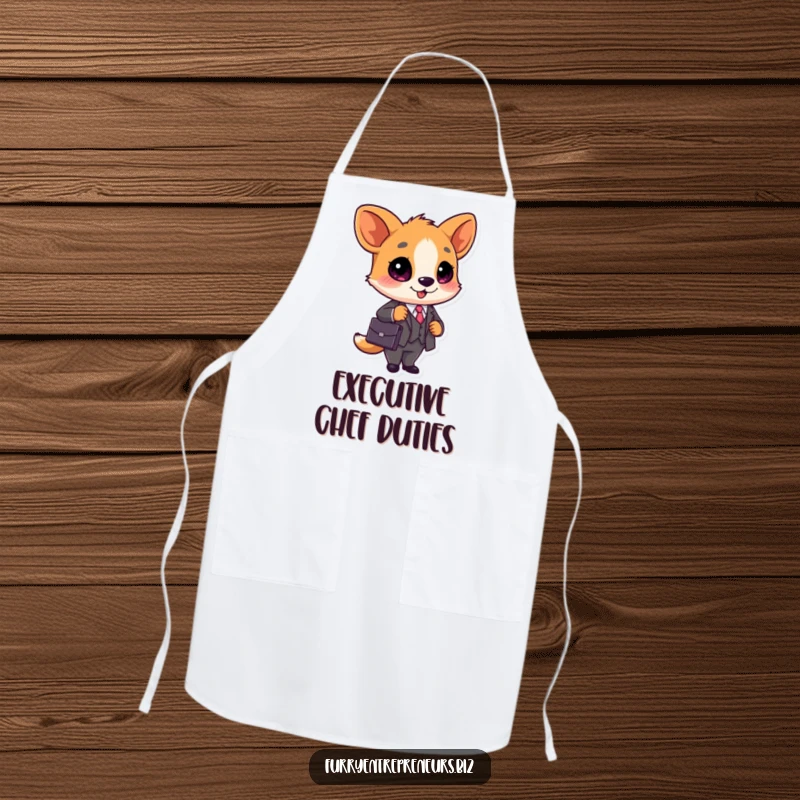 Funny Business Animal Apron: A cute animal in a business suit with a briefcase, ready for kitchen deals, a savvy funny gift.