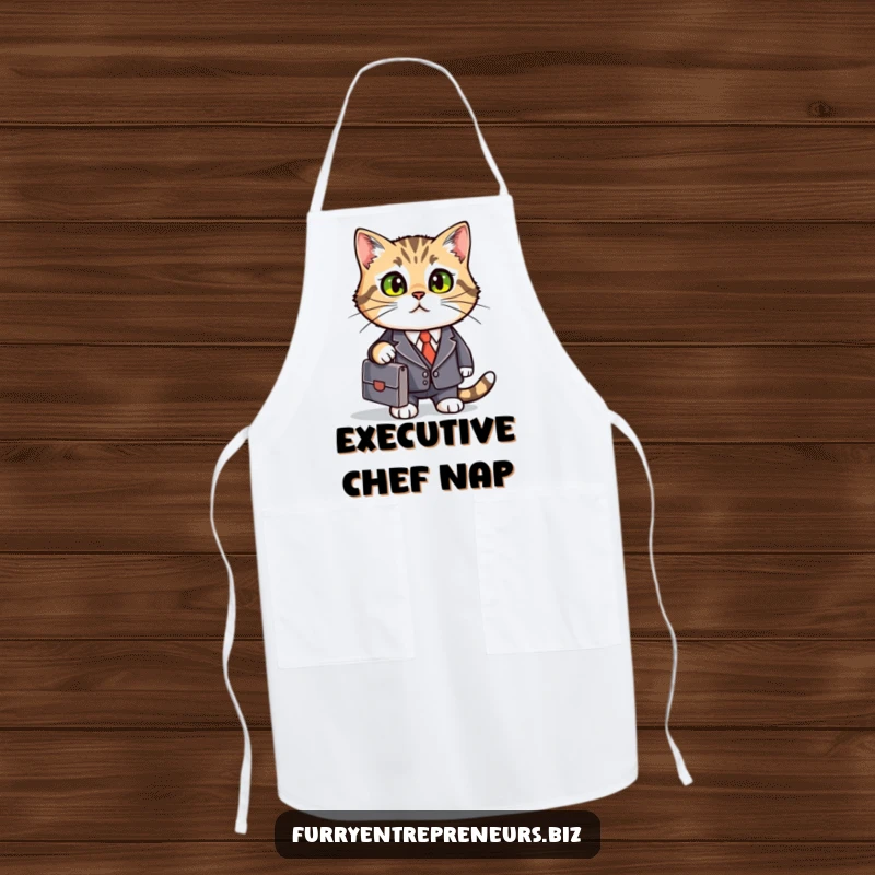 Funny cat wearing a business suit and holding a briefcase, looking ready to tackle any task in the kitchen.