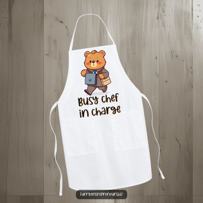 Funny bear business apron showing a determined animal power walking with a briefcase, perfect for cooks.