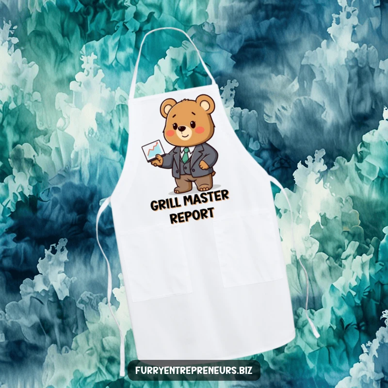 Funny bear apron, in a small business suit, presenting a cooking-related graph with a smile.