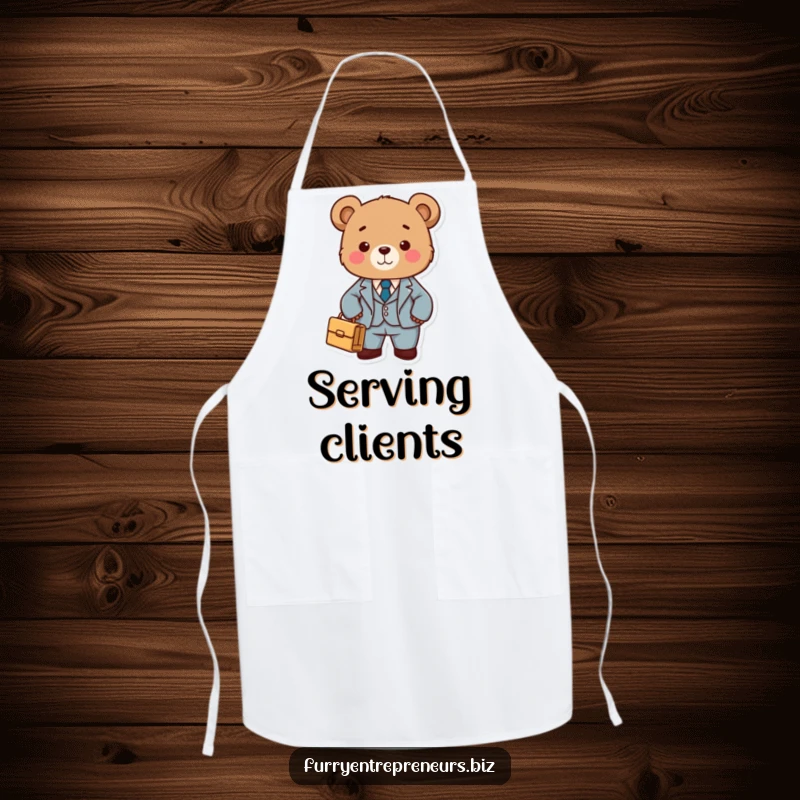 Funny bear in a tiny suit holding a briefcase, humorously overseeing kitchen tasks on a protective and stylish apron.
