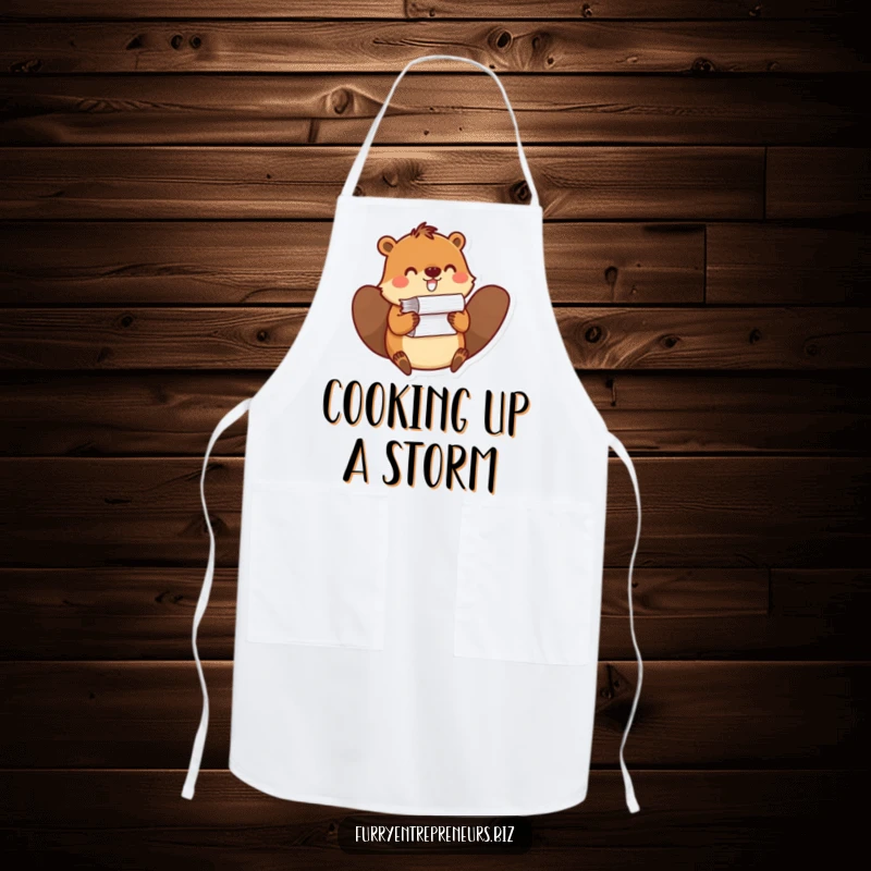 Funny kitchen apron with a beaver balancing a pile of papers, perfect for adding office-themed humor to everyday tasks.