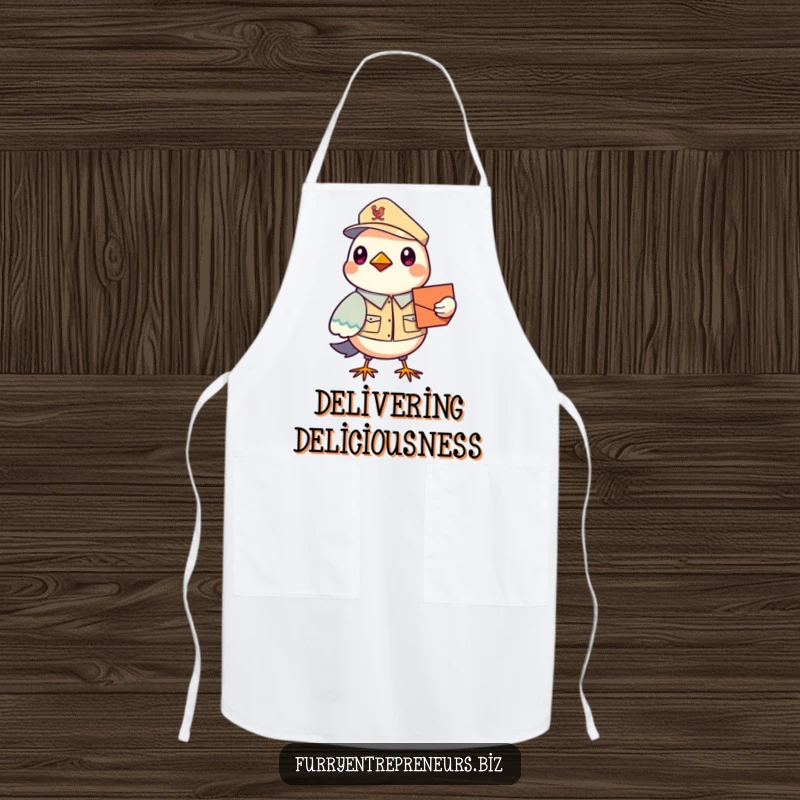Funny Bird Mail Carrier Apron: A hard-working bird in a tiny uniform wearing an apron, ready to deliver delicious meals with a funny, efficient attitude.