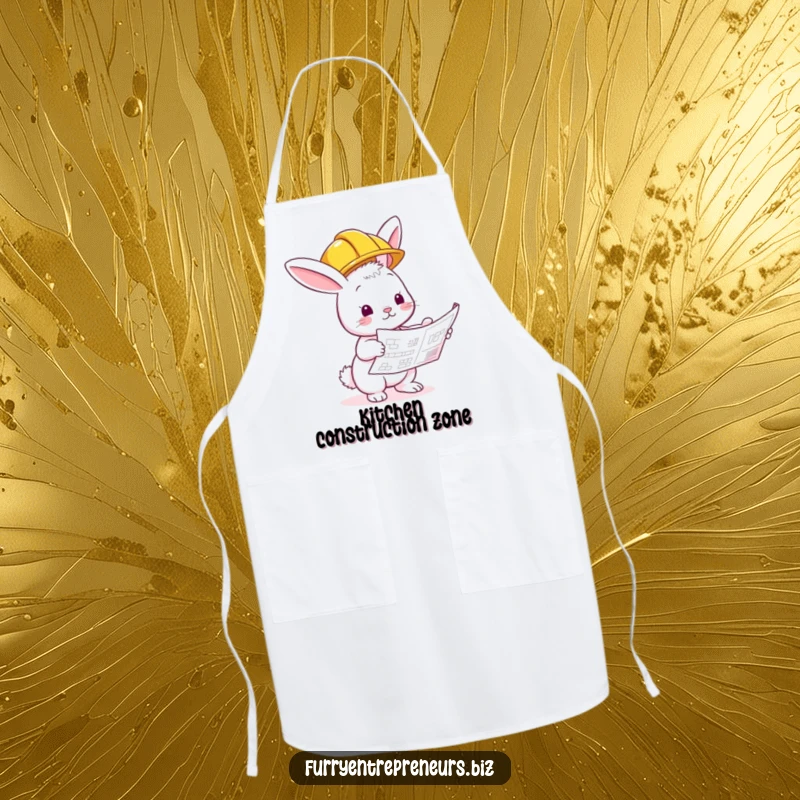 Funny bunny in a hard hat apron, inspecting a blueprint, ready for kitchen duties with a humorous twist.