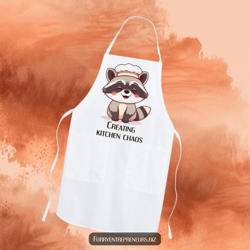 Funny chef apron featuring a giggling raccoon wearing a tiny chef hat, adding a playful and humorous vibe to any cooking session.