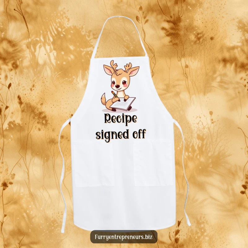 Funny deer character happily signing a document with its hoof, a humorous and functional kitchen apron.