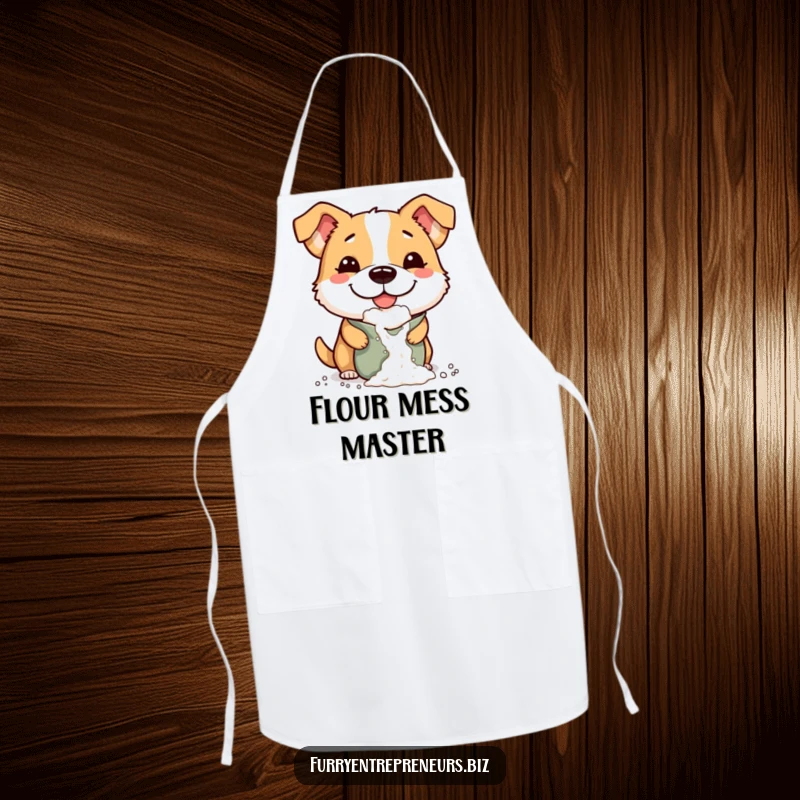 Funny apron showing a mischievous dog with a comically big smile, dropping flour from a bag, ready for kitchen fun.