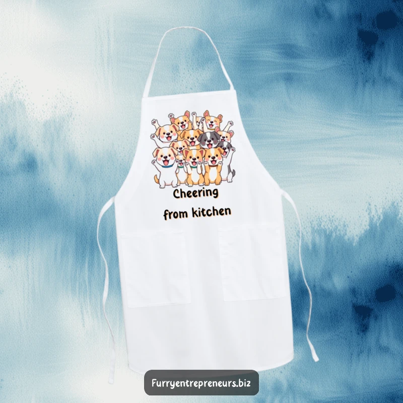 Funny apron showing a group of various kawaii dogs cheering with their paws in the air, perfect for kitchen fun.