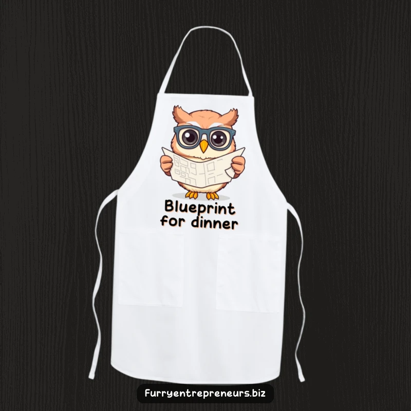 Funny owl with glasses, wearing an apron, focused on drafting a blueprint for a culinary creation, showing creative intent.