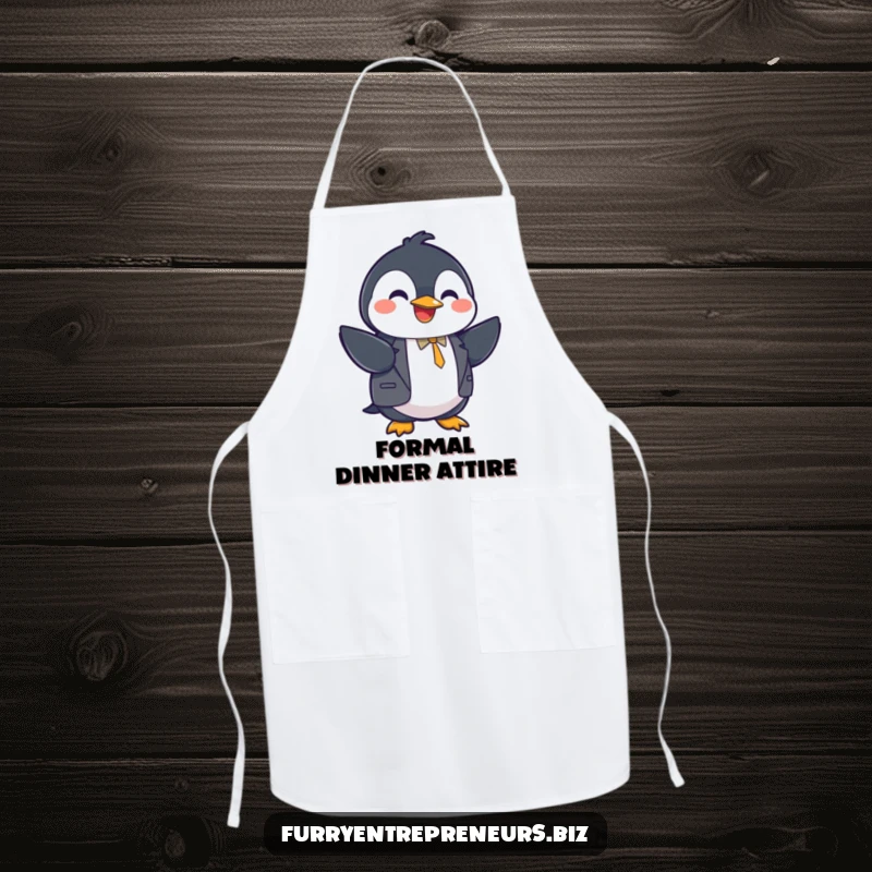 Funny penguin in a suit shaking hands on an apron, kitchen business, professional humor, practical funny gift.