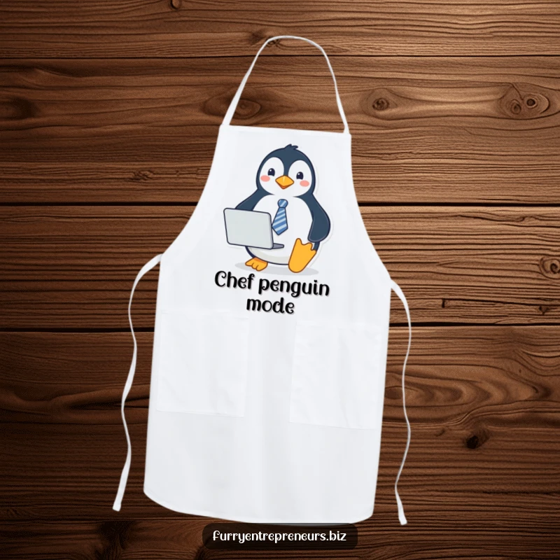Funny penguin apron featuring a penguin wearing a tie and holding a laptop, adding a professional and humorous touch to kitchen wear.