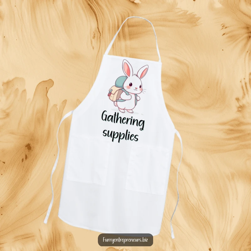 Funny rabbit wearing a tiny backpack, cooking in the kitchen on an apron, a humorous and practical item for chefs.