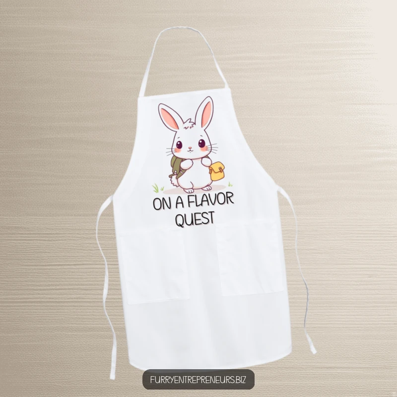 Funny rabbit explorer apron showing a curious rabbit with a tiny backpack, ready for culinary adventures.