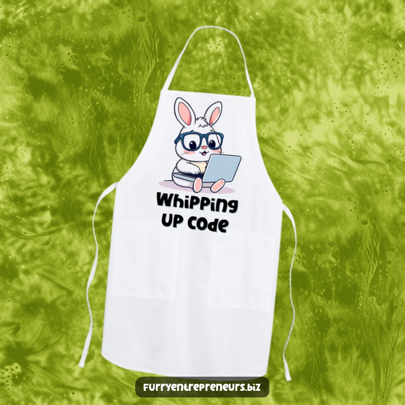 Funny rabbit with glasses typing on a laptop, humorously assisting in the kitchen on a protective and creative apron.