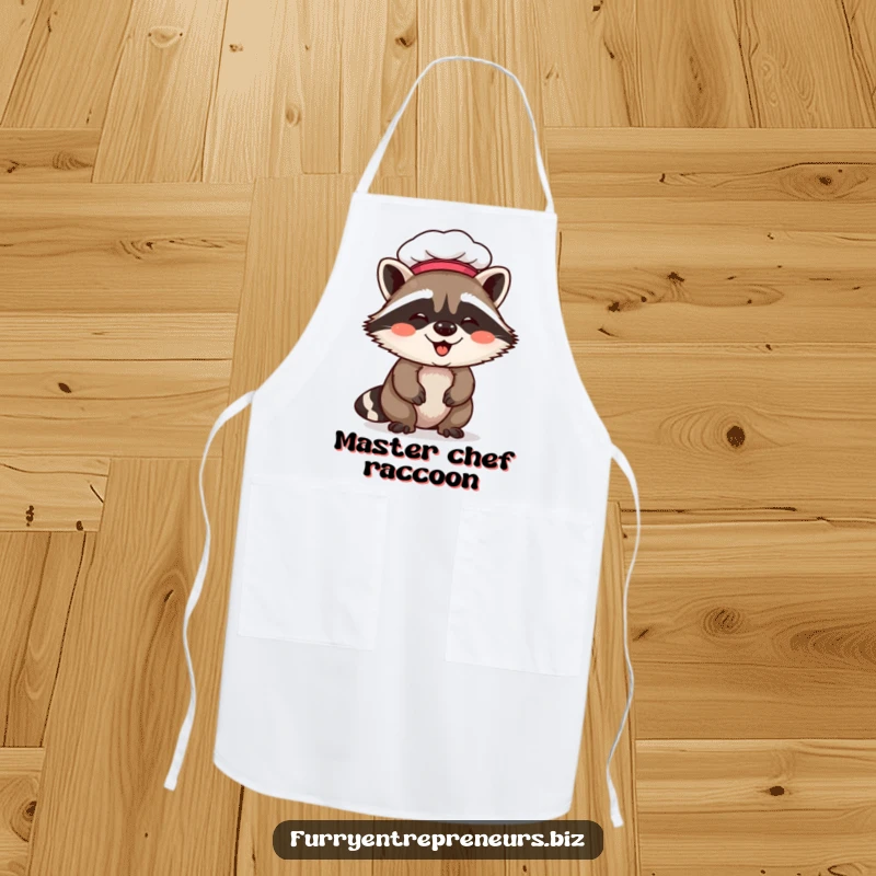 Funny raccoon chef apron featuring a giggling raccoon wearing a chef hat, adding humor and personality to any kitchen task.