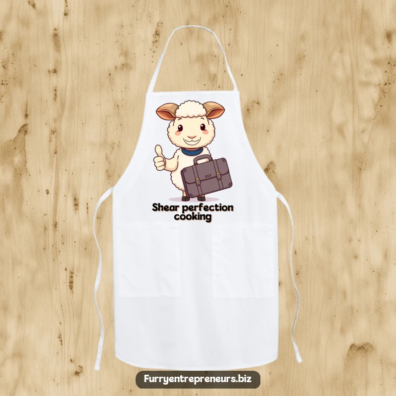 Funny sheep apron, holding a briefcase, calmly giving a thumbs up while cooking.
