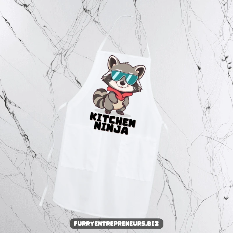 Funny raccoon in spy disguise sneaking on an apron, kitchen stealth, secret agent humor, practical funny gift.