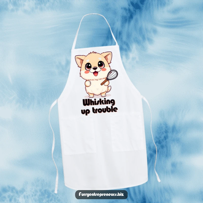 Funny apron showing a fluffy dog with wide, happy eyes, joyfully holding a whisk, perfect for kitchen fun.
