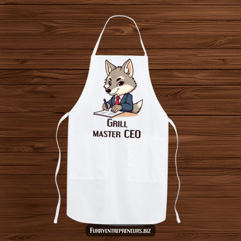 Funny wolf wearing a small business suit and an apron, confidently signing a recipe or order, ready to cook with determination.