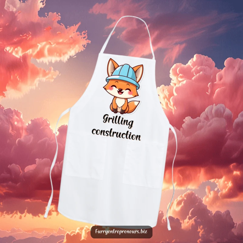 Funny kitchen apron with a smiling fox wearing a tiny hard hat, ideal for adding construction-themed humor to cooking and baking.