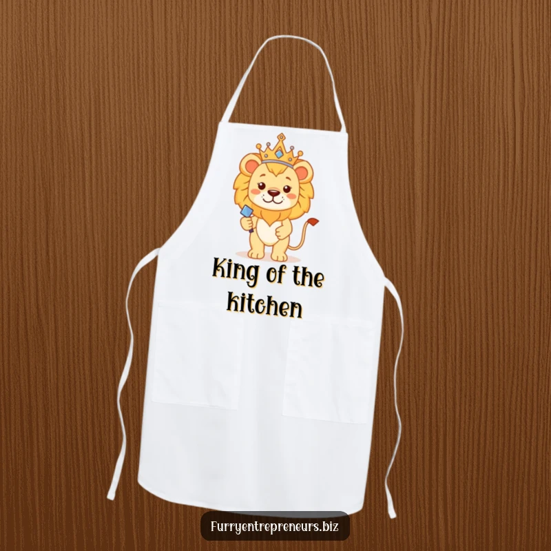 Funny lion king apron showing a proud lion wearing a tiny crown and holding a scepter, perfect for a regal chef.