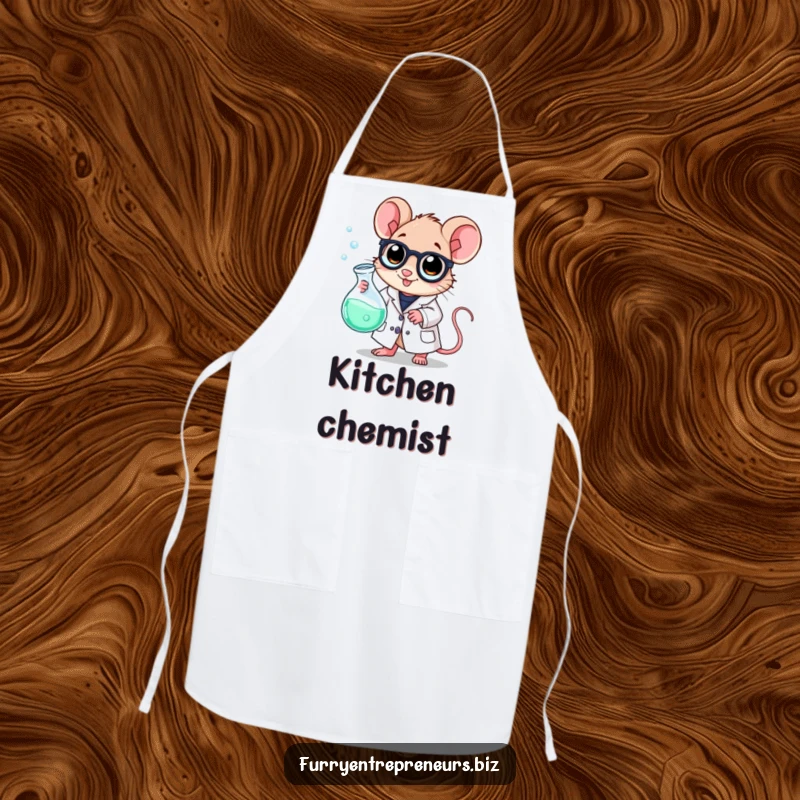 Funny scientist mouse apron, wearing a lab coat and holding a bubbling beaker, ready to whip up a culinary concoction.