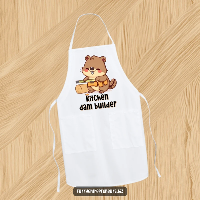 Funny Beaver Carpenter Apron: A beaver in a tool belt measuring wood, ready to help you build delicious projects with a funny, meticulous attitude.