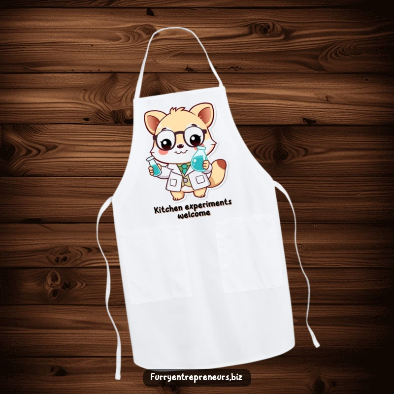 Funny scientist animal apron showing a smiling character in a lab coat, holding a tiny beaker.