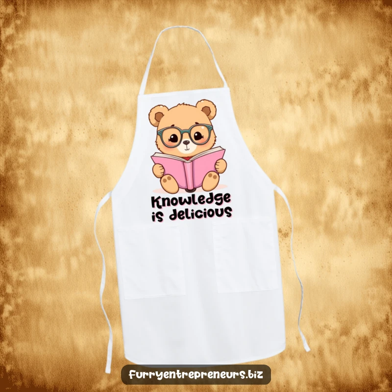 Funny apron with a bear in tiny glasses reading, designed for kitchen fun and book enthusiasts.