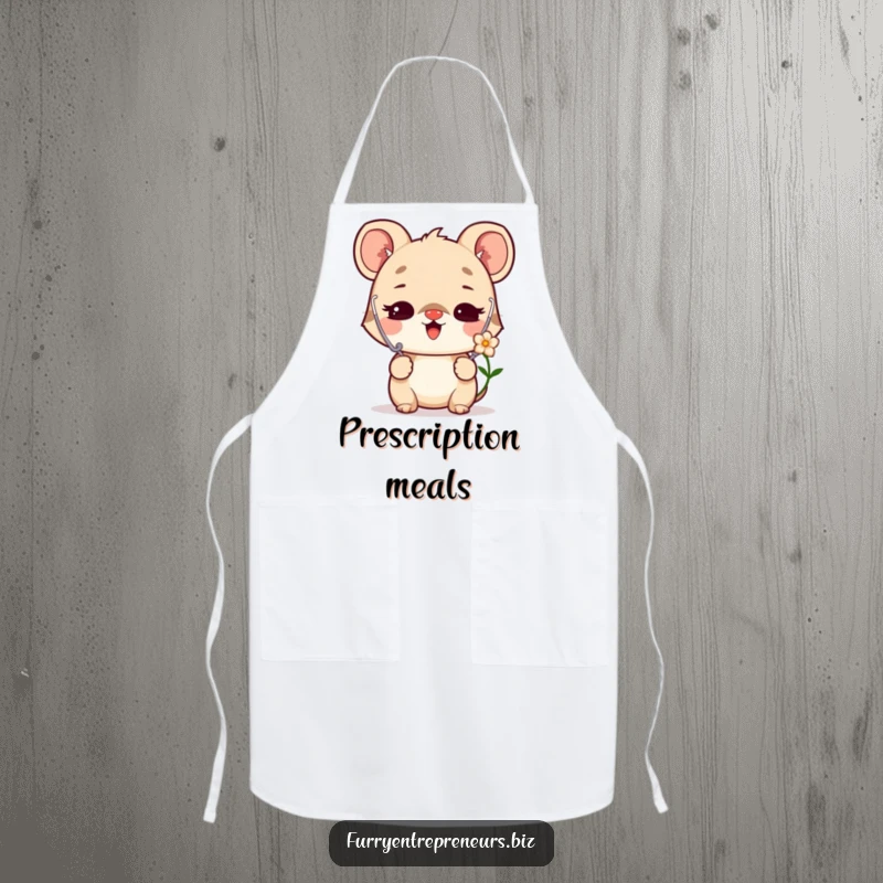 Funny apron depicting a delighted animal character as a vet, using a stethoscope to listen to a flower, for kitchen fun.