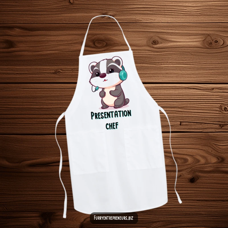 Funny badger apron featuring a focused badger wearing a headset, giving a presentation, adding humor and focus to kitchen tasks.