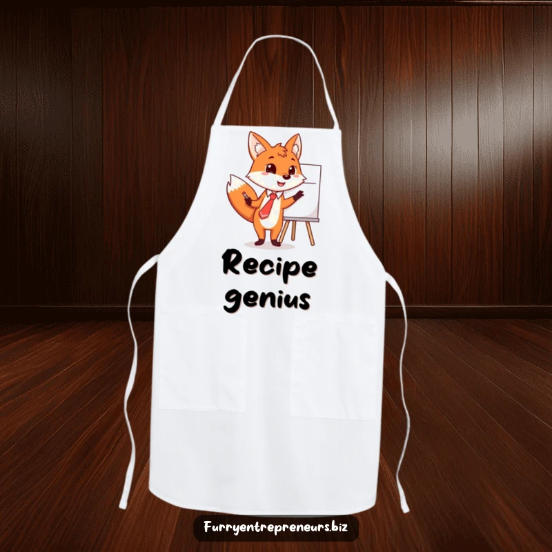 Funny fox apron, wearing a tie, enthusiastically pointing at a whiteboard with cooking instructions.