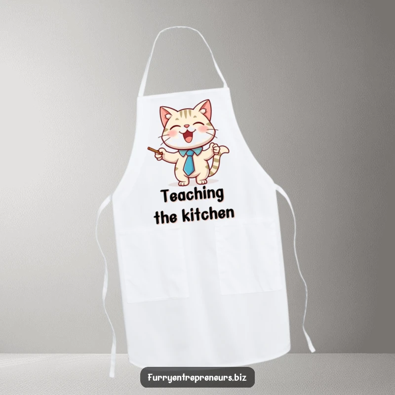 Funny apron with a joyful cat character wearing a necktie and using a pointer stick, ready to teach cooking.