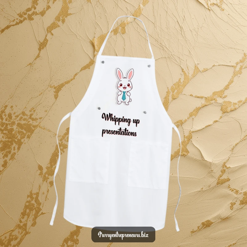 Funny apron featuring a happy rabbit in a tiny tie, presenting on a whiteboard, perfect for hosts with a sense of humor.