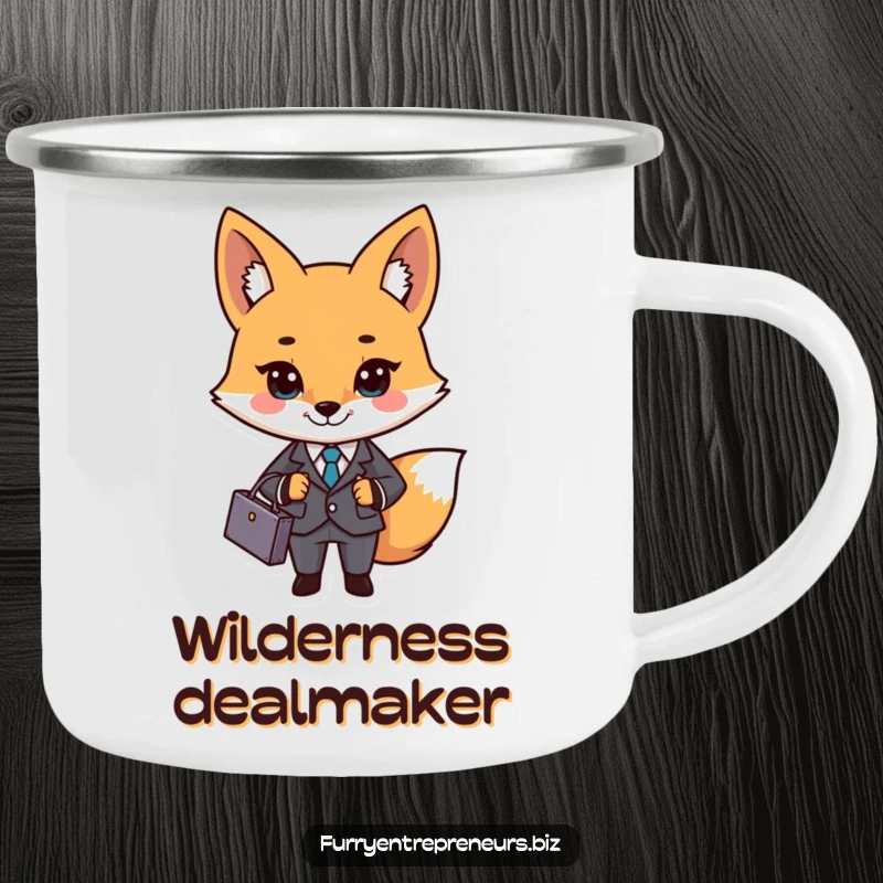 Funny business fox character in a suit and briefcase on a camping mug, ready for business and outdoor adventures.