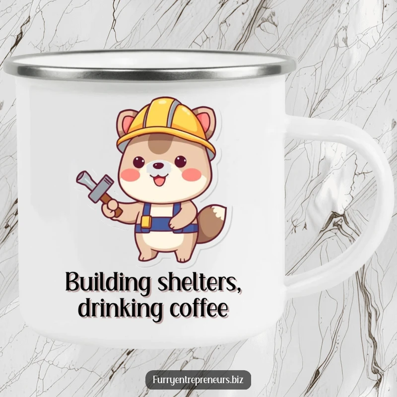 Funny Construction Animal Camping Mug: A happy animal in a construction helmet with a tool, ready for outdoor projects, a sturdy funny gift.