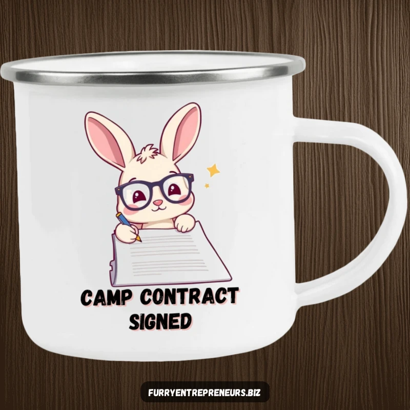 Funny rabbit camping mug, wearing glasses, signing a permit for outdoor activities.