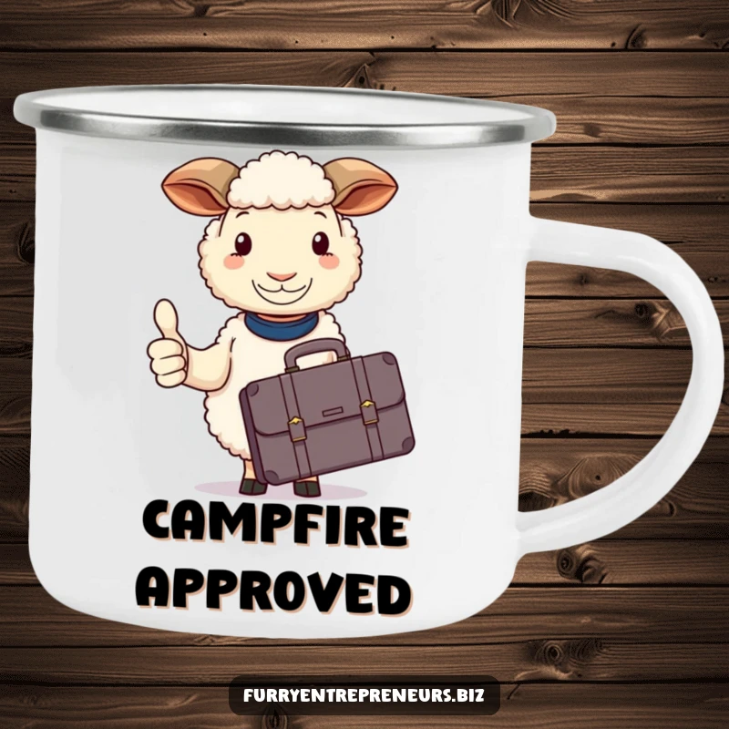 Funny sheep camping mug, with a briefcase, calmly giving a thumbs up in a natural setting.
