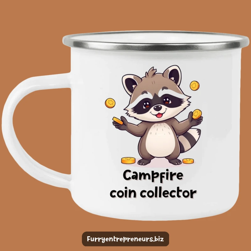 Funny Camping Mug: Raccoon Juggles Coins - Outdoor Mischief Gift!