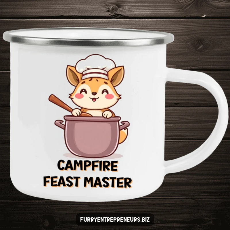 Funny chef animal camping mug with a happy character in a chef hat, stirring a big pot outdoors.