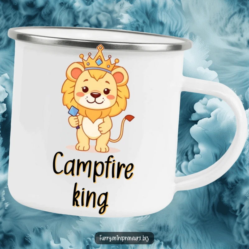 Funny lion king camping mug with a proud lion king, crown, and scepter, ready for outdoor adventures with regal charm.
