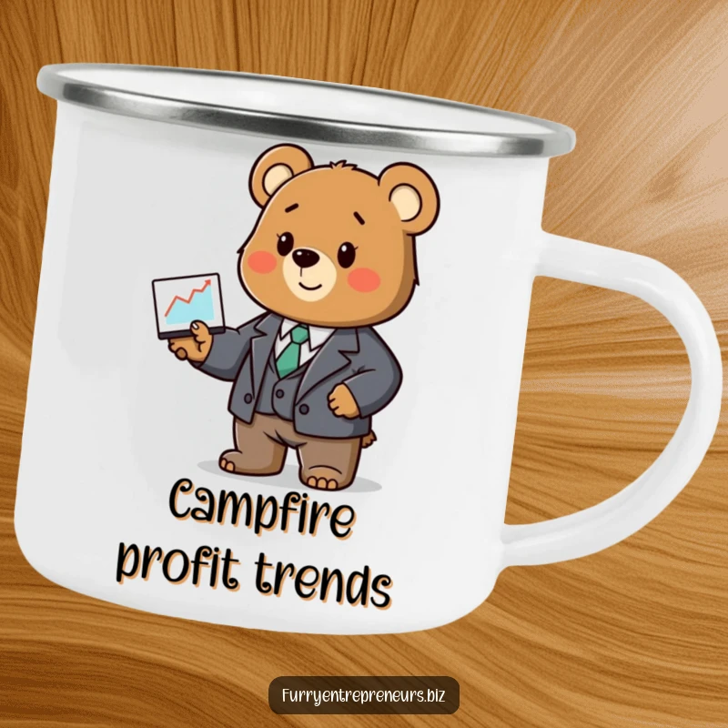 Funny bear camping mug, in a mini business suit, presenting a graph of s'more consumption.