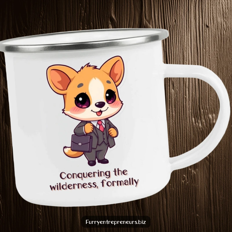 Funny Business Animal Camping Mug: A cute animal in a business suit with a briefcase, ready for outdoor deals, a professional funny gift.