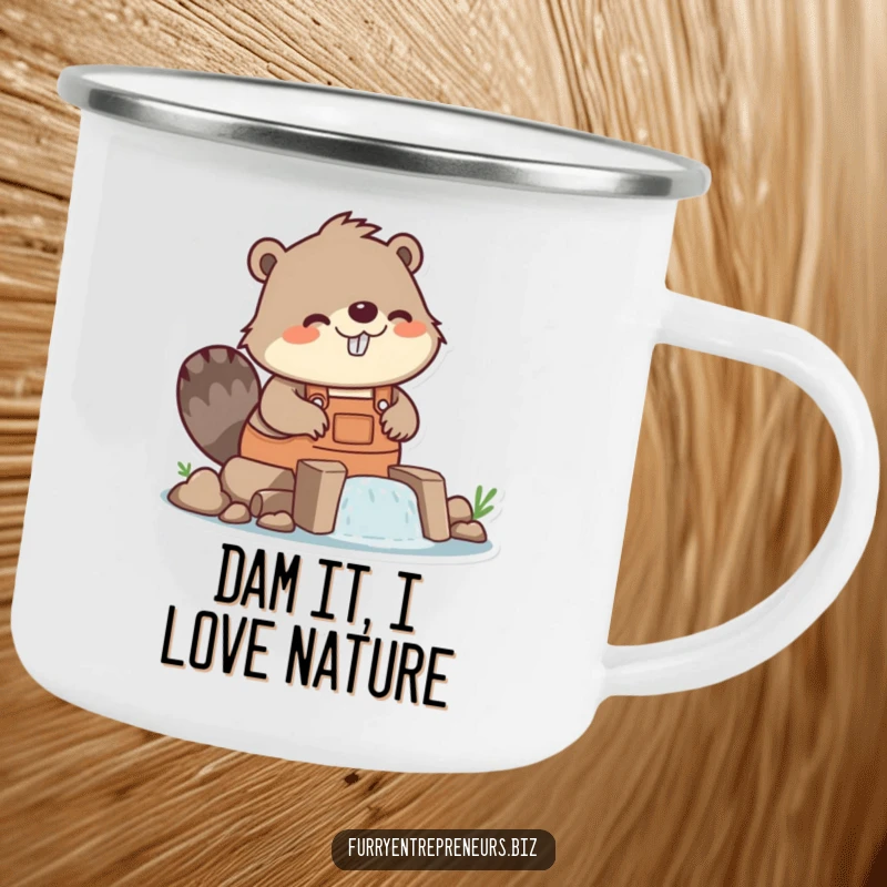 Funny beaver character building a dam on a camping mug, outdoor work, construction humor, durable and funny, perfect funny gift.