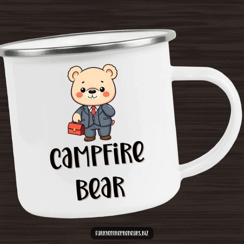 Cute bear character shaking a briefcase on a camping mug, ideal for outdoor adventures.